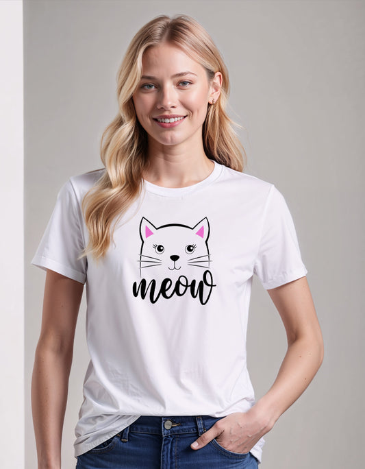 Girl's Crew Neck T-Shirt Meow