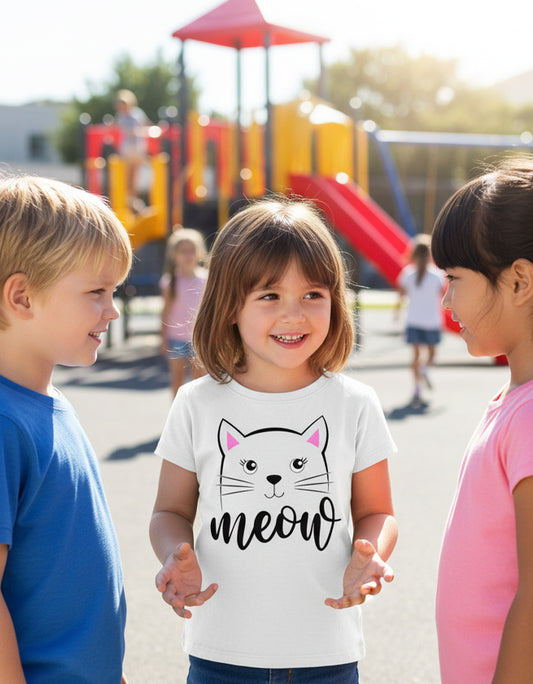 Girl's Crew Neck T-Shirt Meow